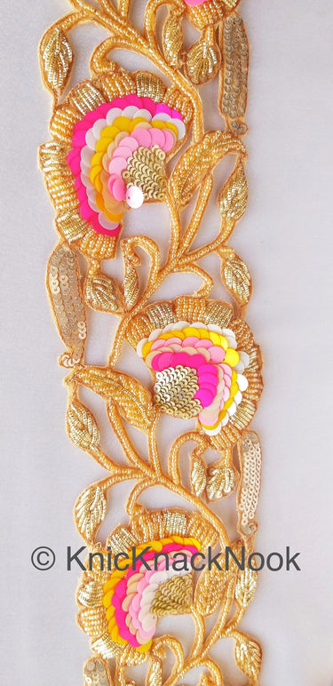 Exclusive Gold Hand Embroidered Cutwork Lace Trim, Floral Embroidery Beaded Trim, Sequins Trim